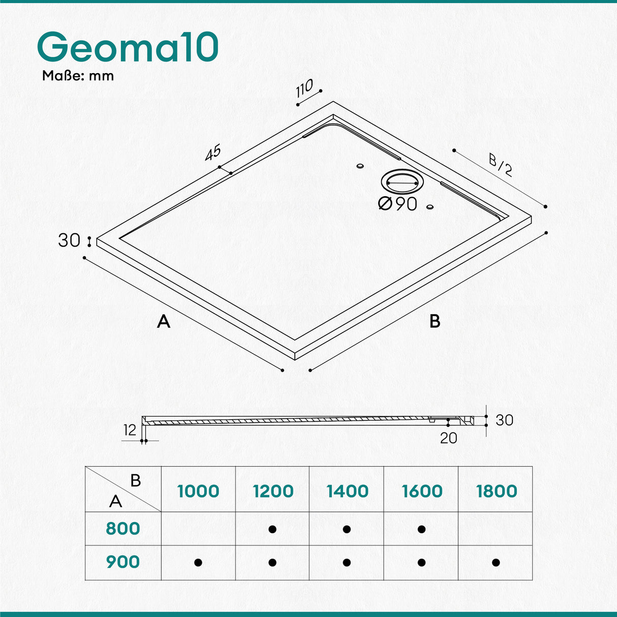 glasvilla Duschwanne Duschtasse aus Mineralguss Mineralgusswan DIN-Anschlüsse Geoma10