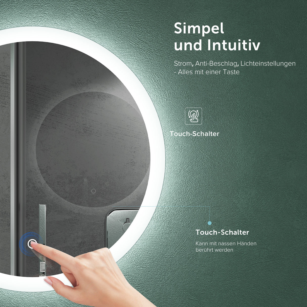 glasvilla Espejo de pared Espejo de baño LED espejo redondo con luz LED Espejo de baño con interruptor táctil, Antivaho gracias a la capa Antifog Espejo LED 05