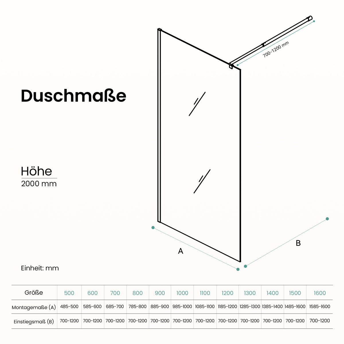glasvilla Duschwand für Dusche Duschabtrennung Walk-In Dusche Duschtrennwand Schwarz 10mm ESG-Sicherheitsglas NANO Klarglas BRAM1/BRAM3 Bremen02K
