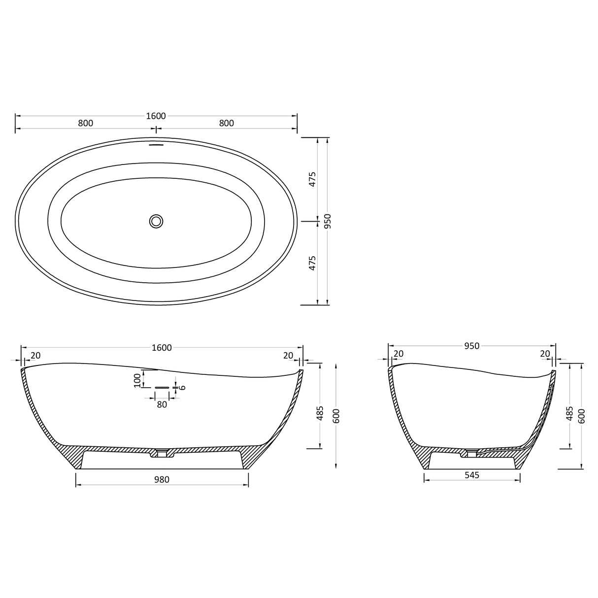 glasvilla Bañera independiente Blanco mate de mineral fundido Bañera de pie incl. sellado Nano