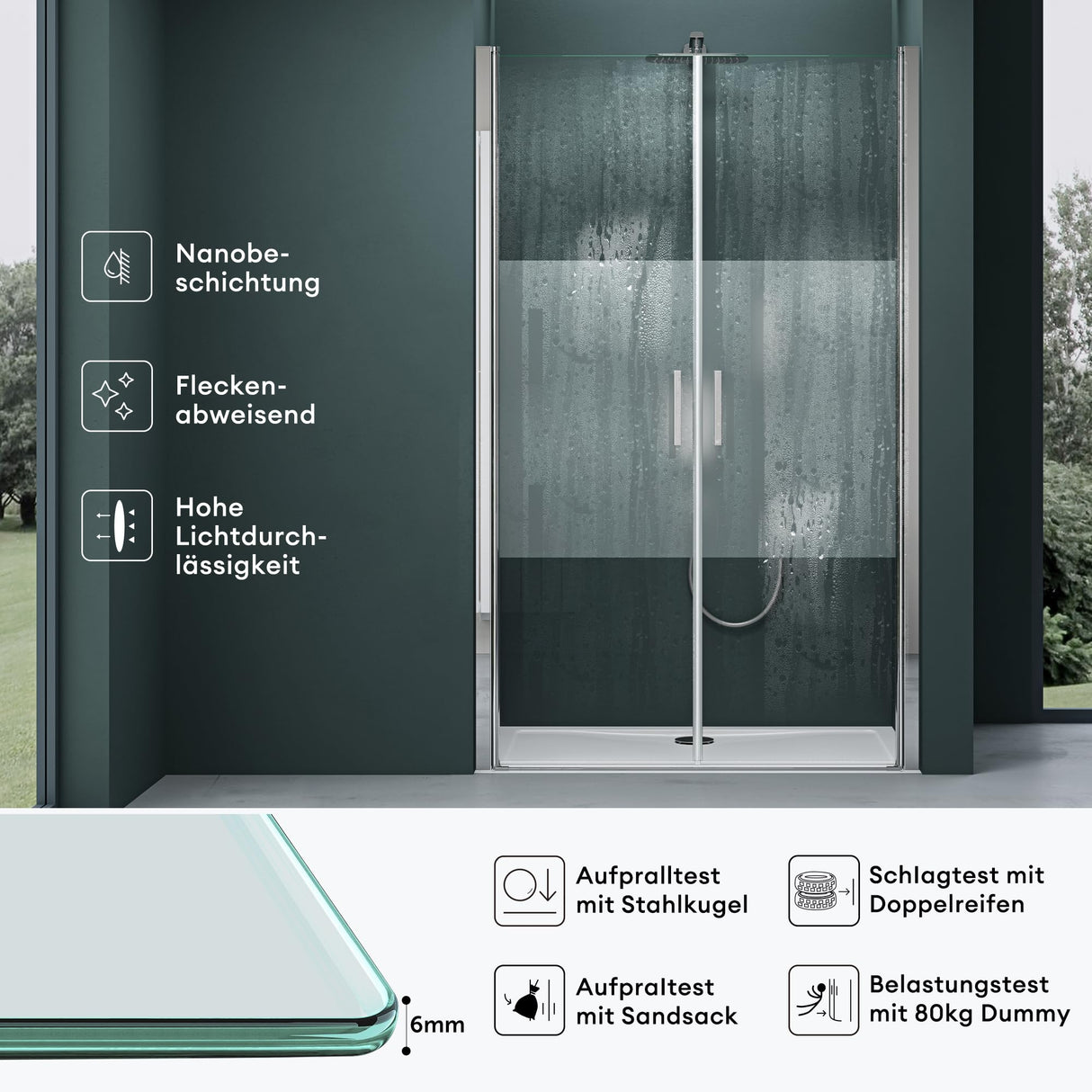 glasvilla Duschtür Nischentür dusche Duschabtrennung Duschkabine Schwingtür 180° Doppeltür 6mm ESG Nano-Beschichtung Klarglas/Satiniert Streifen/Vollsatiniert mit Hebe- und Senkmechanismus Teramo24K+MS+VS