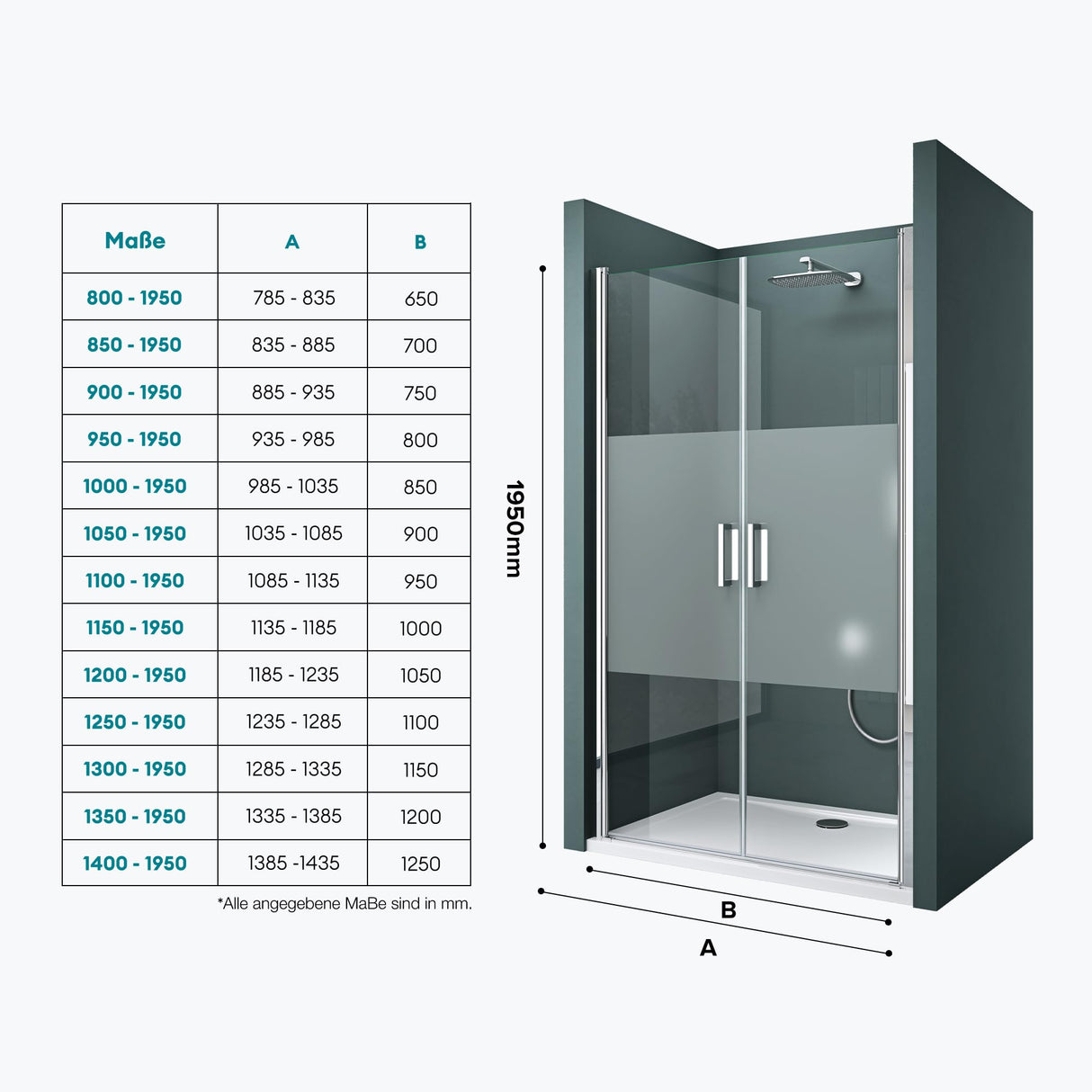 glasvilla Duschtür Nischentür dusche Duschabtrennung Duschkabine Schwingtür 180° Doppeltür 6mm ESG Nano-Beschichtung Klarglas/Satiniert Streifen/Vollsatiniert mit Hebe- und Senkmechanismus Teramo24K+MS+VS