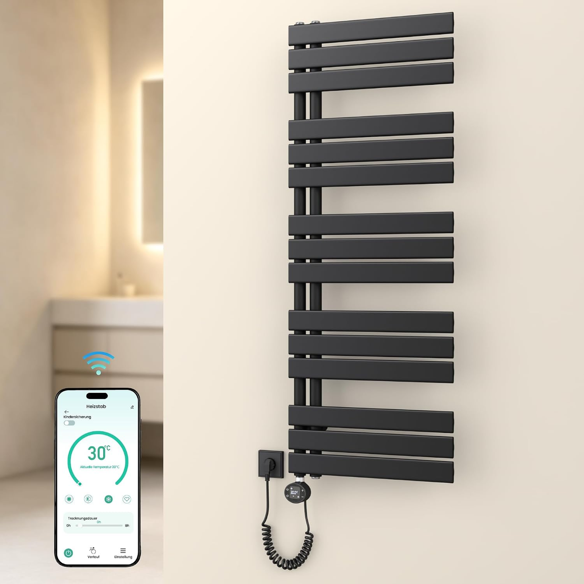 glasvilla Badheizkörper,mit Heizstab Badheizung,Handtuchheizkörper mit Seitenanschluss, Handtuchwärmer mit Heizstab 600W/900W, App-Steuerung, Thermostat und Timerfunktion,FN con Heizstab-03