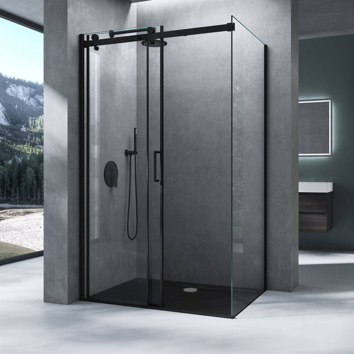 cabina de ducha glasvilla con puerta corredera separación de ducha 8mm vidrio de seguridad ESG recubrimiento nano mecanismo de elevación y descenso Rav19 negro