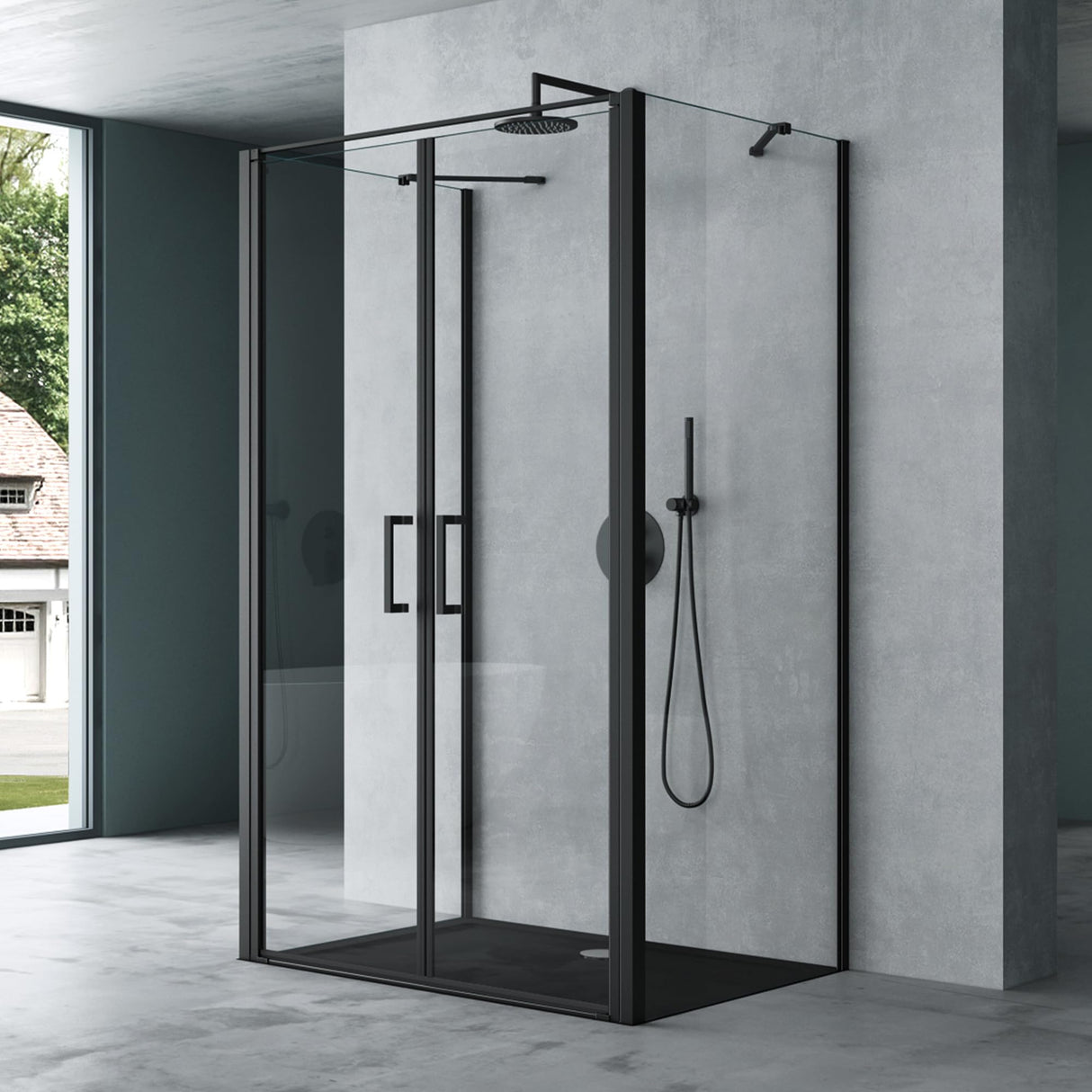 glasvilla Duschkabine U-Form Duschabtrennung Duschkabine Aluminiumrahmen ESG-Sicherheitsglas Klarglas Doppeltüre Schwarz Ravenna66UK