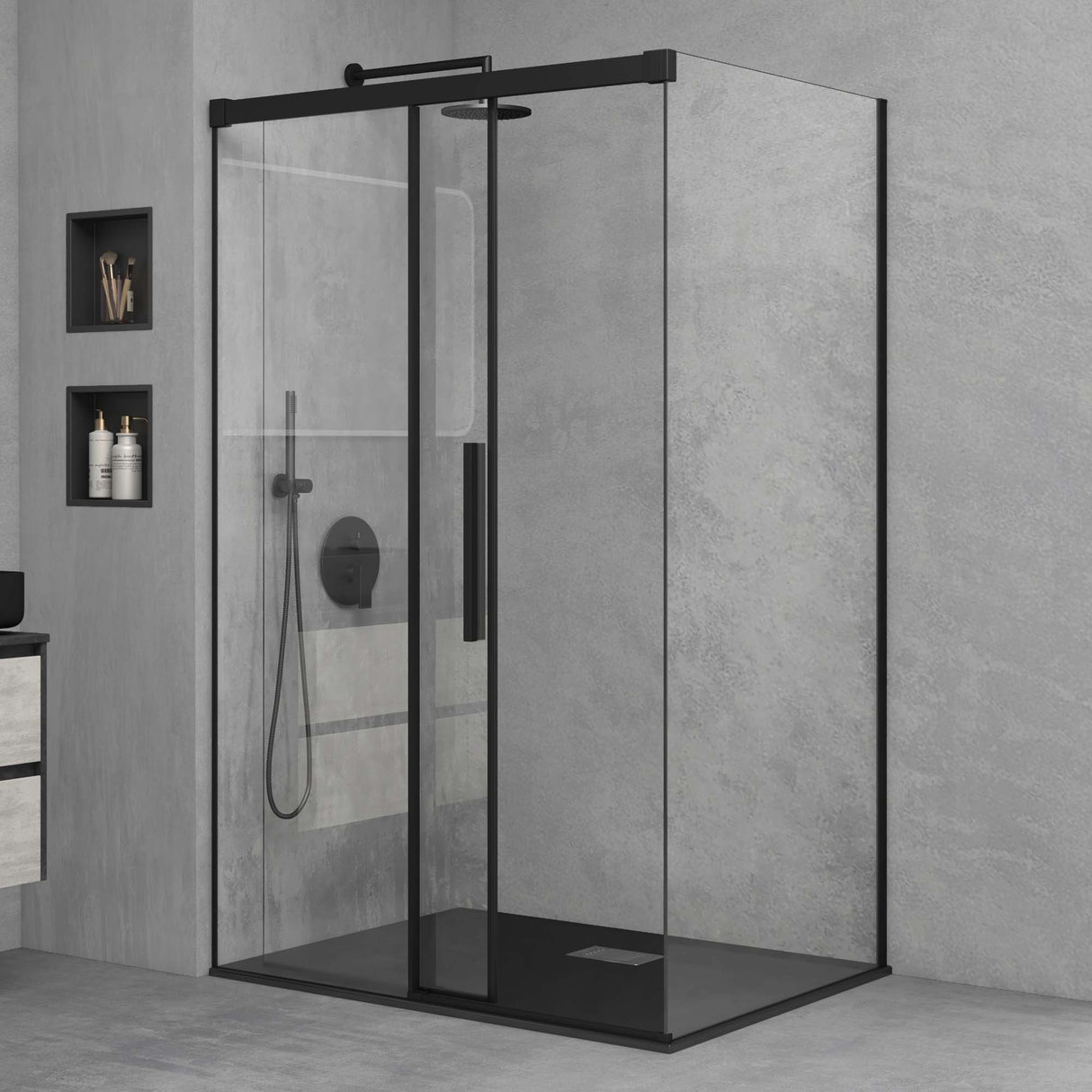 glasvilla Cabina de Ducha Puerta Corredera 6mm ESG-Vidrio de Seguridad Separación de Ducha Mecanismo de Cierre Suave Elevación Lateral Ravenna12K Negro