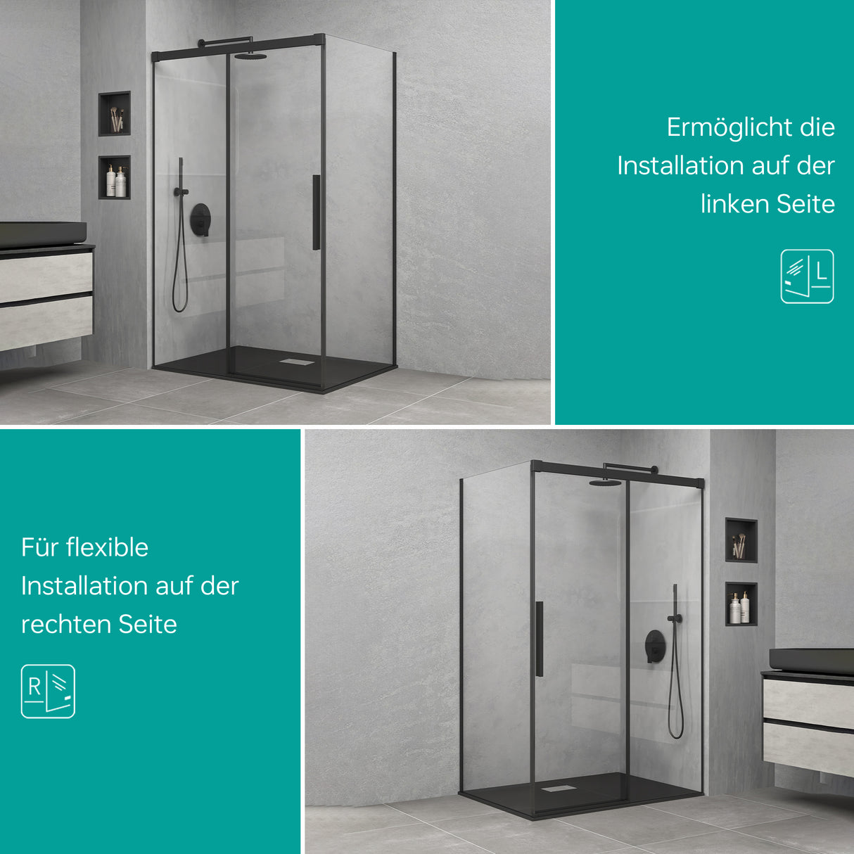 glasvilla Cabina de Ducha Puerta Corredera 6mm ESG-Vidrio de Seguridad Separación de Ducha Mecanismo de Cierre Suave Elevación Lateral Ravenna12K Negro