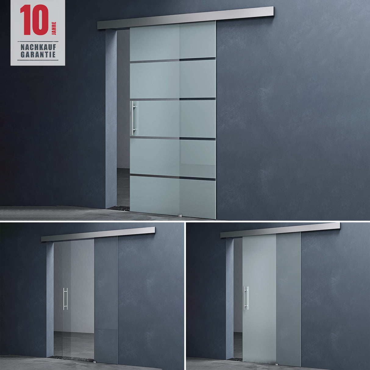 Ensemble complet de porte coulissante en verre Glasvilla Amalfi H : 2150 mm, type de poignée : barre, avec mécanisme de fermeture amortie, verre de sécurité trempé de 8 mm