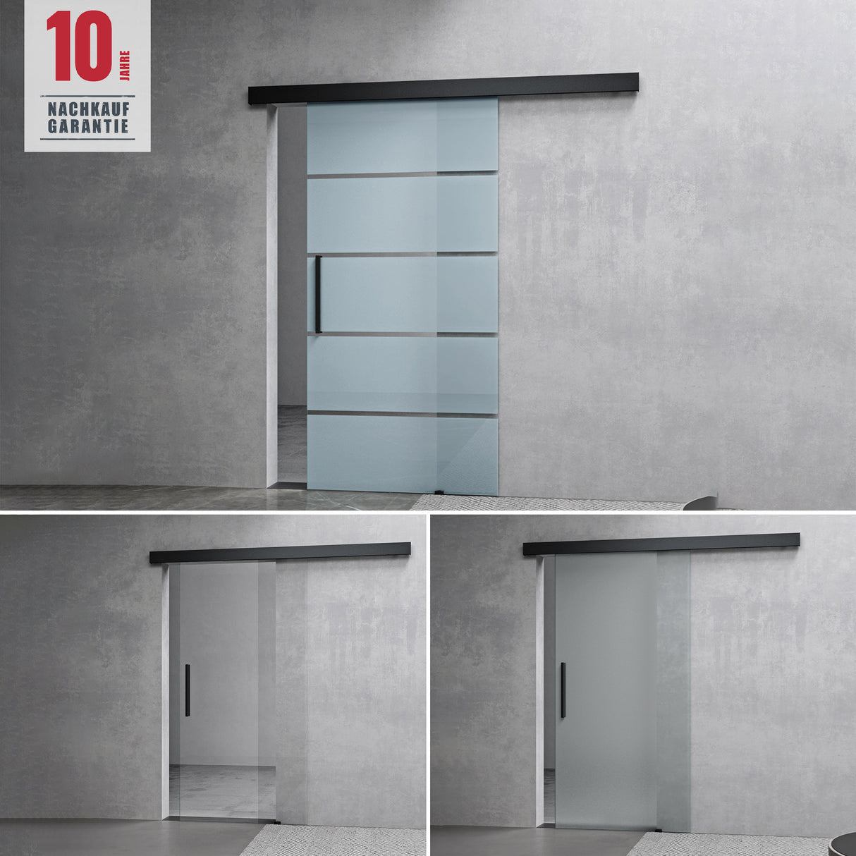 Ensemble complet de porte coulissante en verre Glasvilla, poignée barre, dégagement mural de 25 mm, verre de sécurité trempé 8 mm noir Amalfi