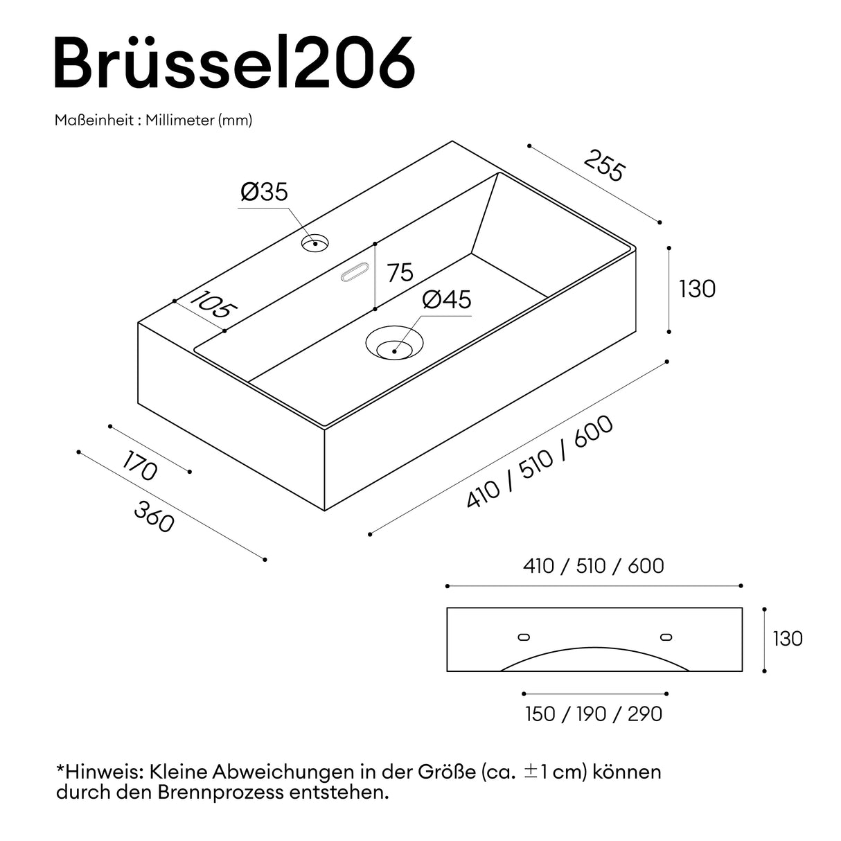 Lavabo Glasvilla Brüssel206 Cerámica Rectangular con Recubrimiento Nano (Suspendido o Sobre Encimera)