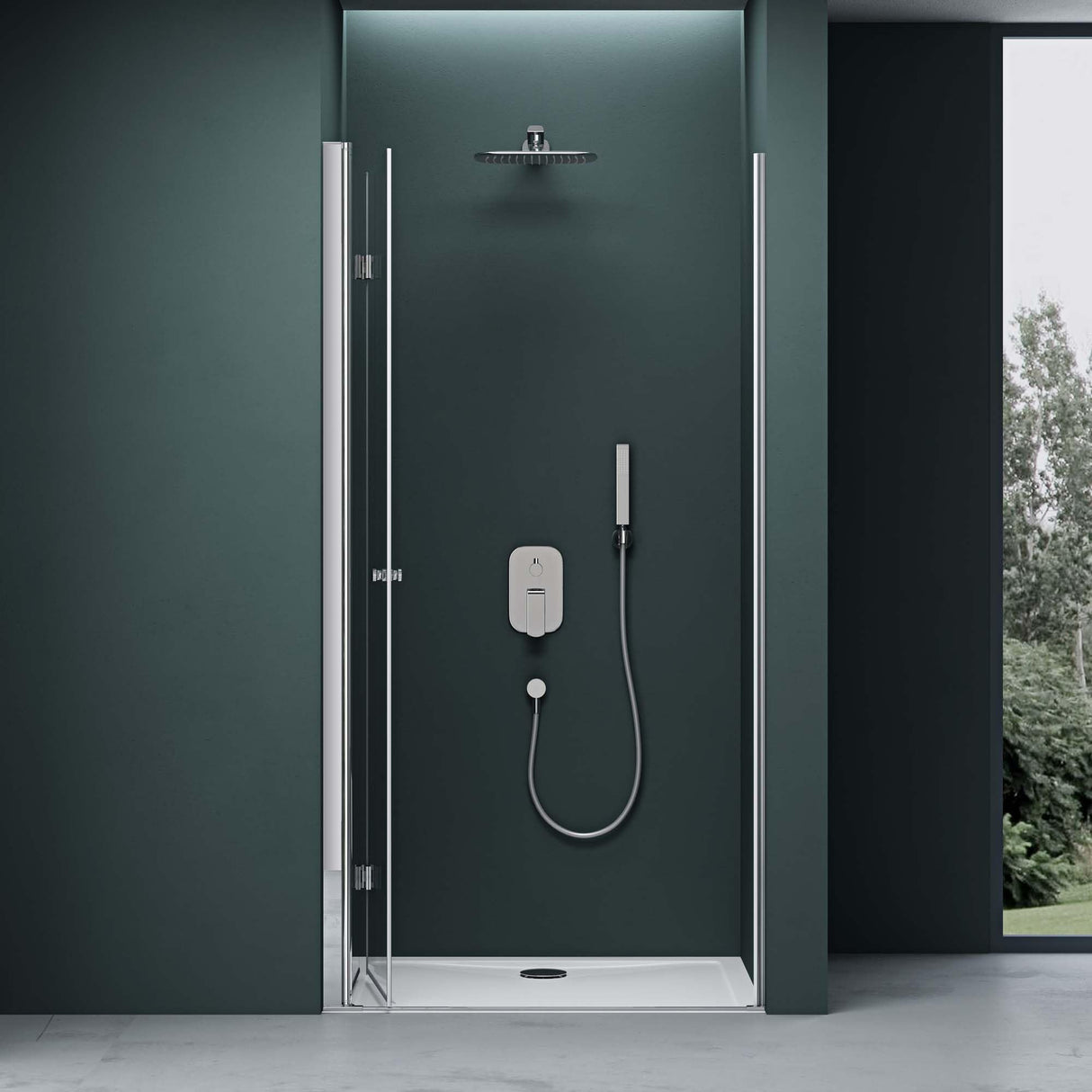 glasvilla Puerta de ducha Puerta de nicho ducha Separación de ducha Cabina de ducha con puerta plegable de giro vidrio de seguridad ESG incluida recubrimiento NANO en vidrio transparente y parcialmente esmerilado Teramo26K+MS