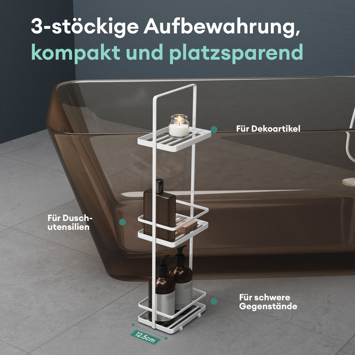 glasvilla Scaffale da Bagno di 3 Livelli 18x12.5x67.3cm, Scaffale Portaoggetti in Metallo Robusto con 4 Piedini Antiscivolo per Doccia, Reglo-02