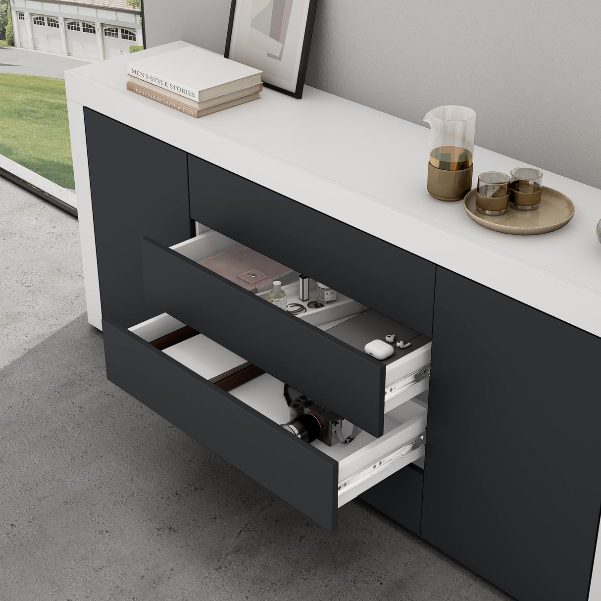 glasvilla Sideboard Aufbewahrungsschrank BTH: 167x36x70 cm mit 2 Schränken und 4 Schubladen Kommode Mehrzweckschrank Möbel Schrank03