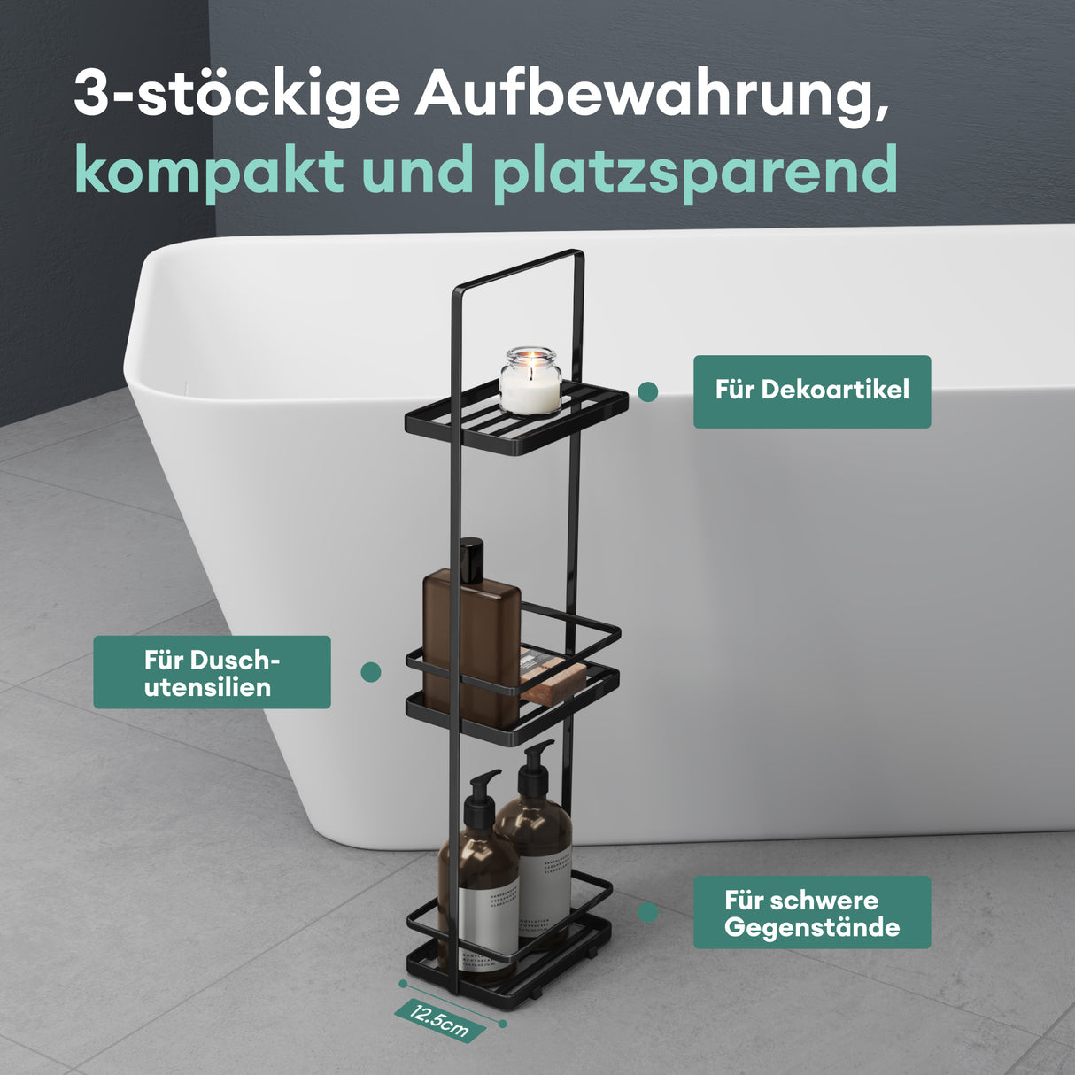 glasvilla Scaffale da Bagno di 3 Livelli 18x12.5x67.3cm, Scaffale Portaoggetti in Metallo Robusto con 4 Piedini Antiscivolo per Doccia, Reglo-02