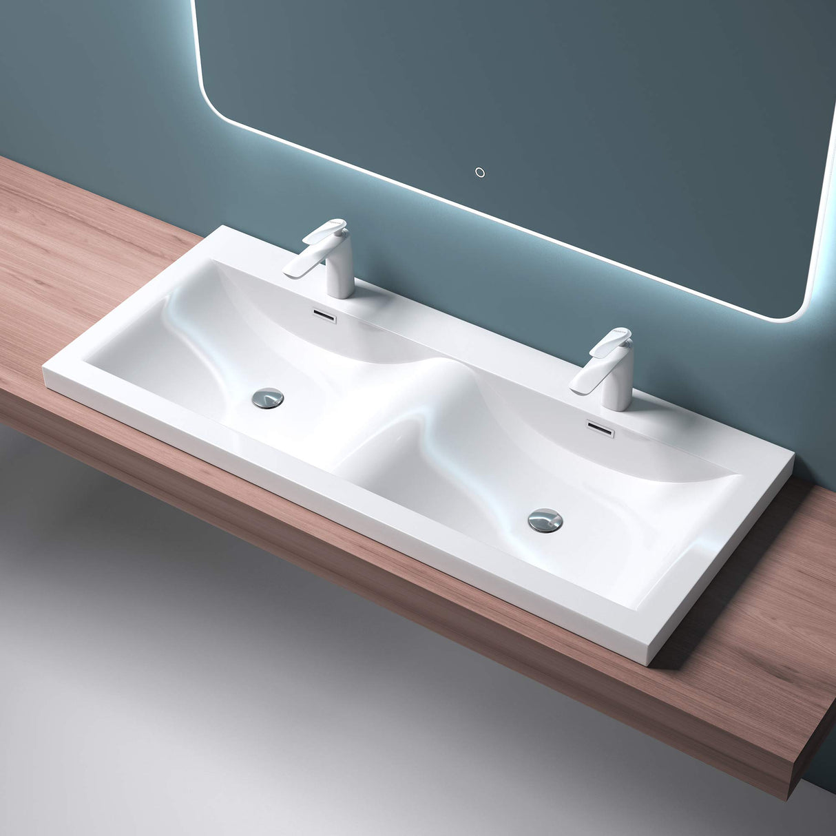 glasvilla Waschbecken Einbauwaschbecken Waschtisch 2 Becken Mineralguss rechteckig 2 Armaturenlöcher Überlauffunktion Col03