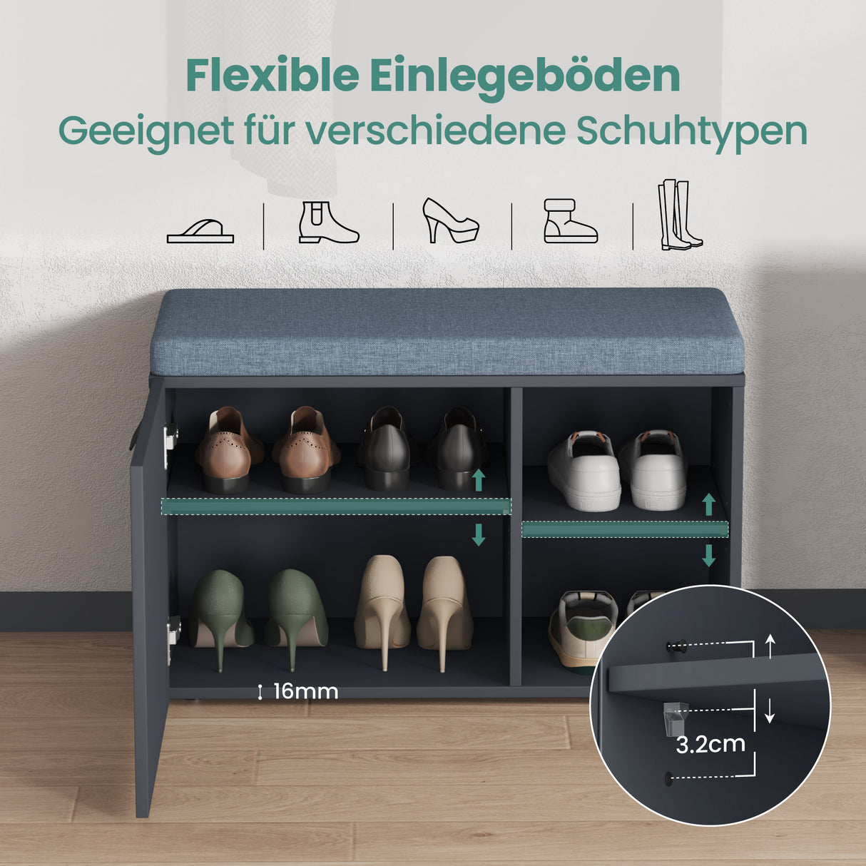 glasvilla Schuhbank mit Sitzfläche, Schuhregal mit Schiebetüren und offenen Fächern, gepolsterter Sitz, verstellbare Ablagen 80x37x50cm Zitta-01