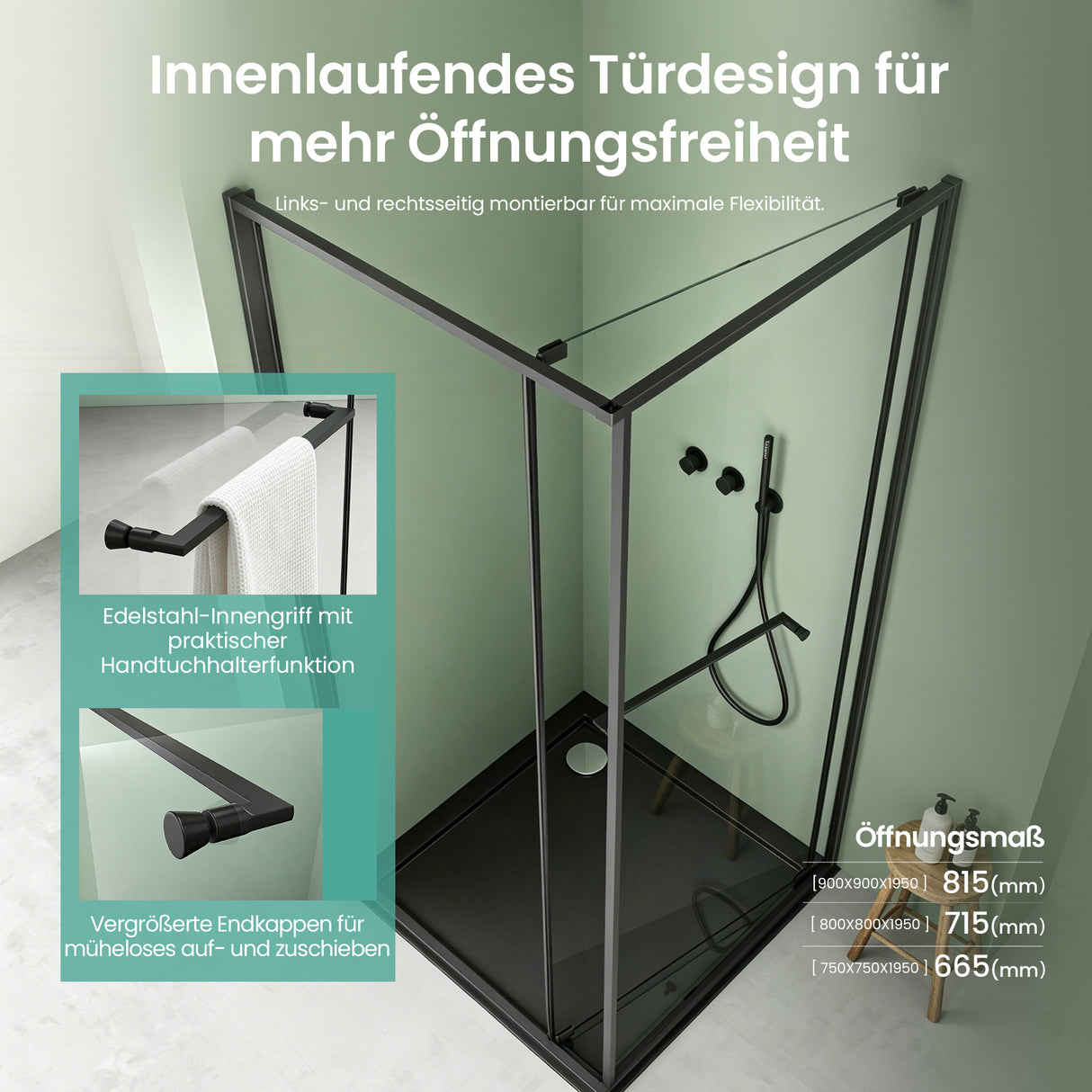 glasvilla Duschkabine Eckeinstieg mit Schiebetür nach innen, Eckdusche Duschabtrennung 195cm Höhe, 6mm ESG-Sicherheitsglas Nano-Beschichtung Ravenna69K
