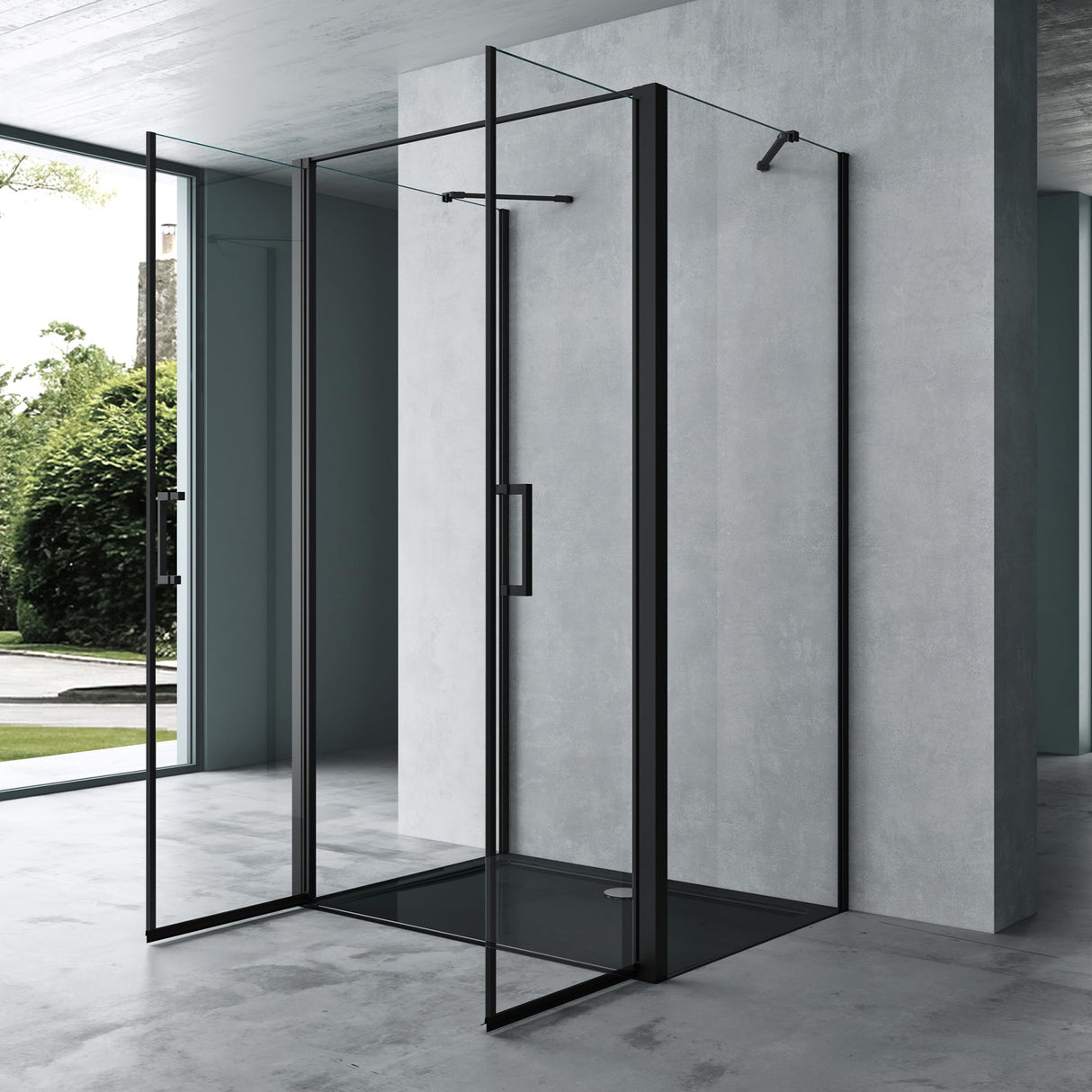 glasvilla Duschkabine U-Form Duschabtrennung Duschkabine Aluminiumrahmen ESG-Sicherheitsglas Klarglas Doppeltüre Schwarz Ravenna66UK