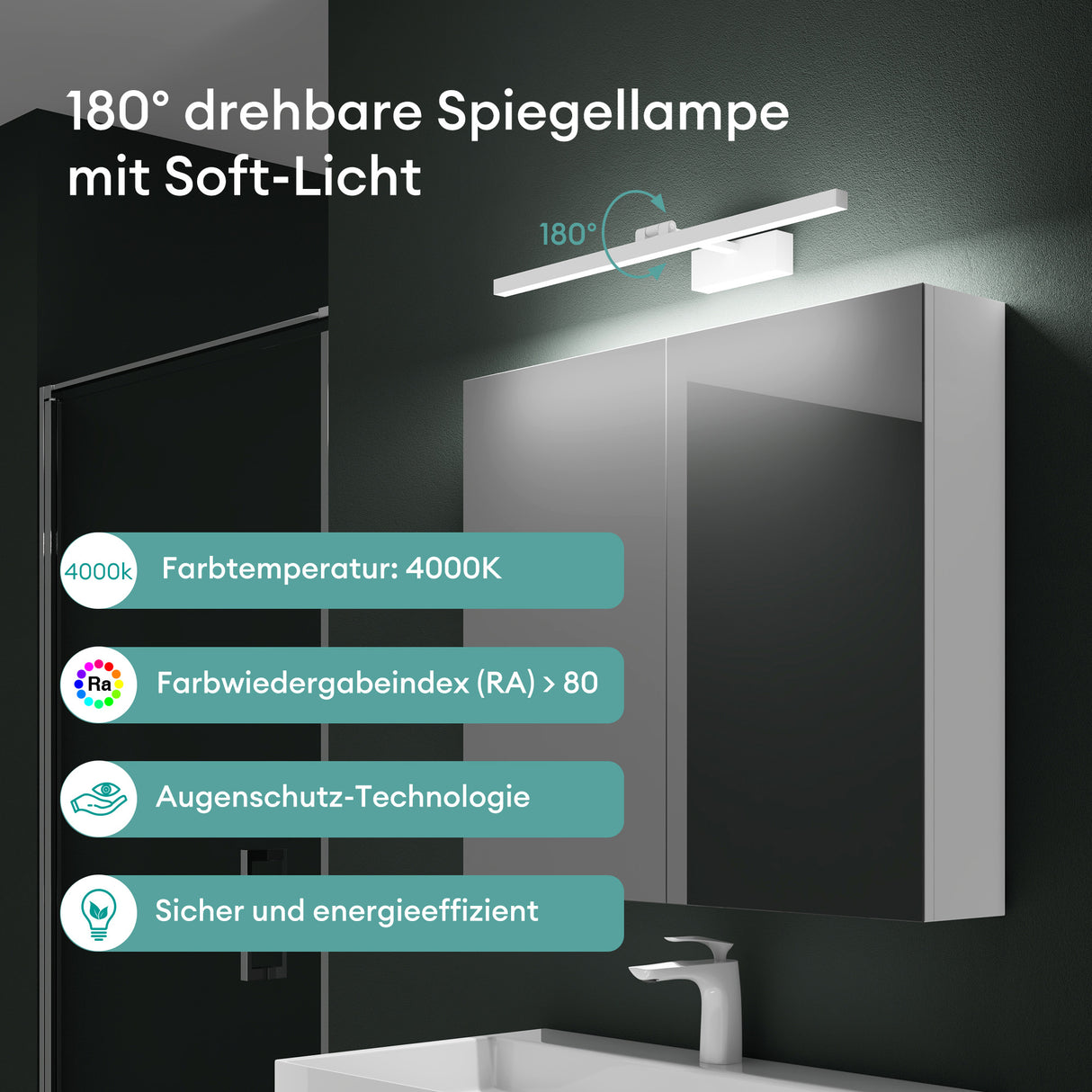 glasvilla Spiegelschrank mit Spiegellampe Badezimmerschrank Spiegelleuchte 180° Drehbar LED Badlampe Strahlenschön