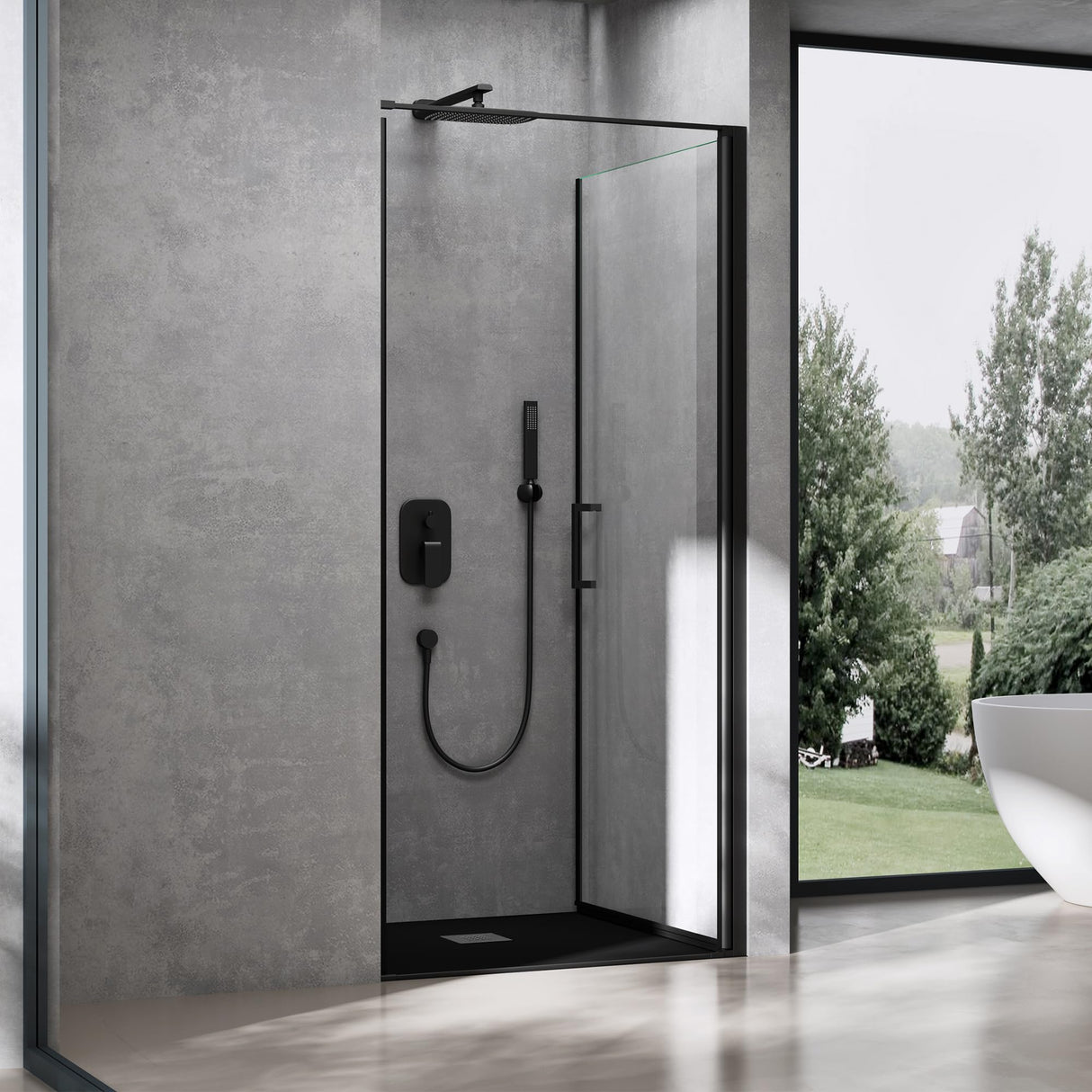 glasvilla Puerta de ducha Puerta de nicho ducha Separación de ducha Cromo y Negro Cabina de ducha Puerta oscilante 8mm vidrio de seguridad ESG con recubrimiento nano Mecanismo de elevación y descenso Vidrio claro y vidrio esmerilado Rayas Teramo36K