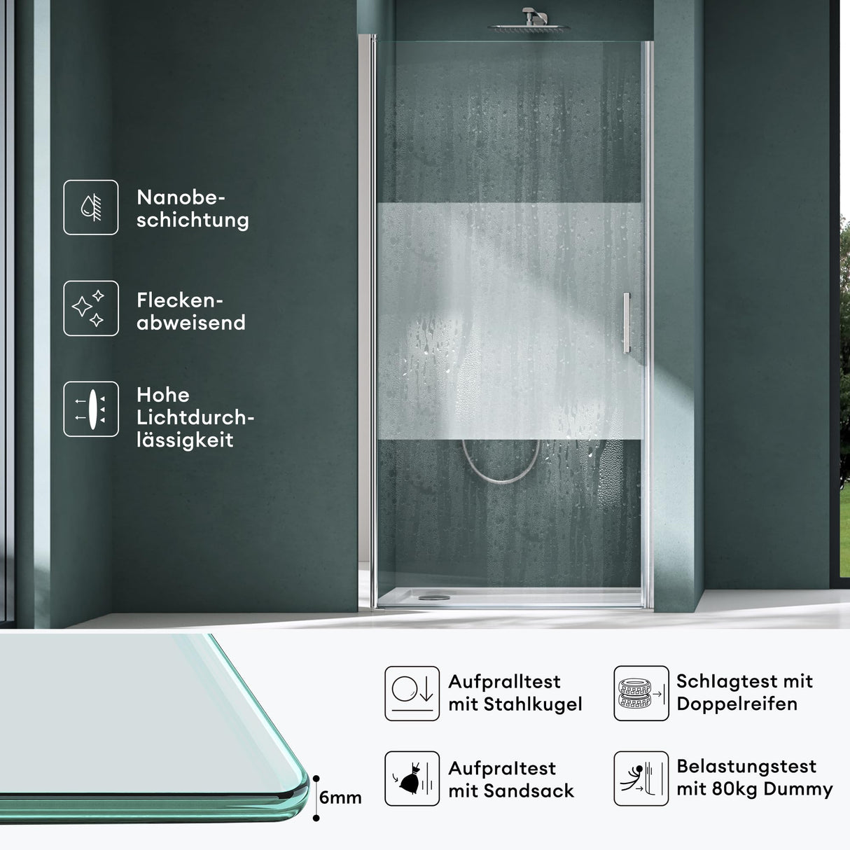 glasvilla Puerta de ducha Puerta de nicho Ducha Separación de ducha Cabina de ducha Puerta oscilante 180° vidrio de seguridad ESG con mecanismo de elevación y descenso vidrio claro y satinado rayas Teramo24K+MS D Nuevo