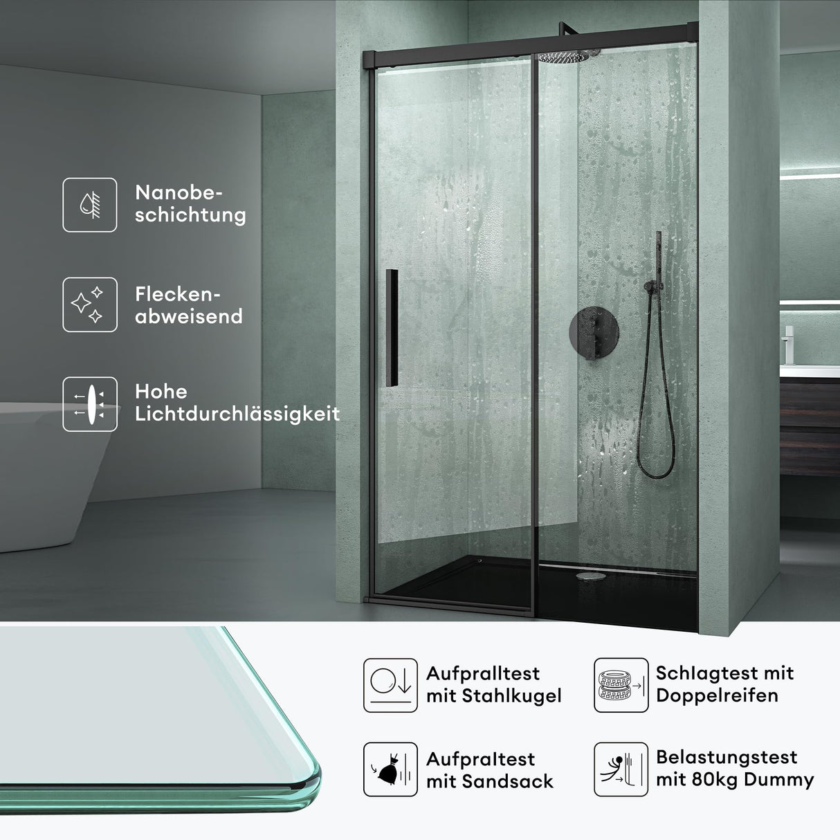 glasvilla Puerta de ducha Puerta de nicho ducha Separación de ducha Cromo y Negro Cabina de ducha Puerta corredera de nicho 6mm vidrio de seguridad ESG incl. Soft-Close Teramo12K