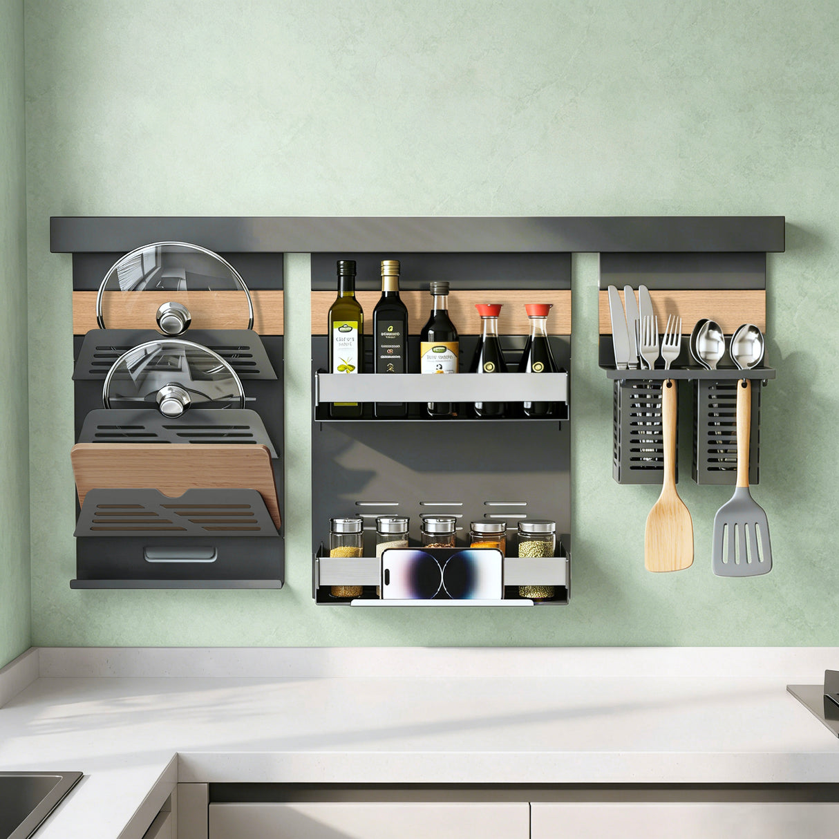 glasvilla Porta Spezie con Supporto per Cellulare o Porta Rotolo, Porta Coperchi a 3 Livelli e Porta Mestoli con 5 Ganci da Cucina, da Appendere con Guide, Reglo-09-12