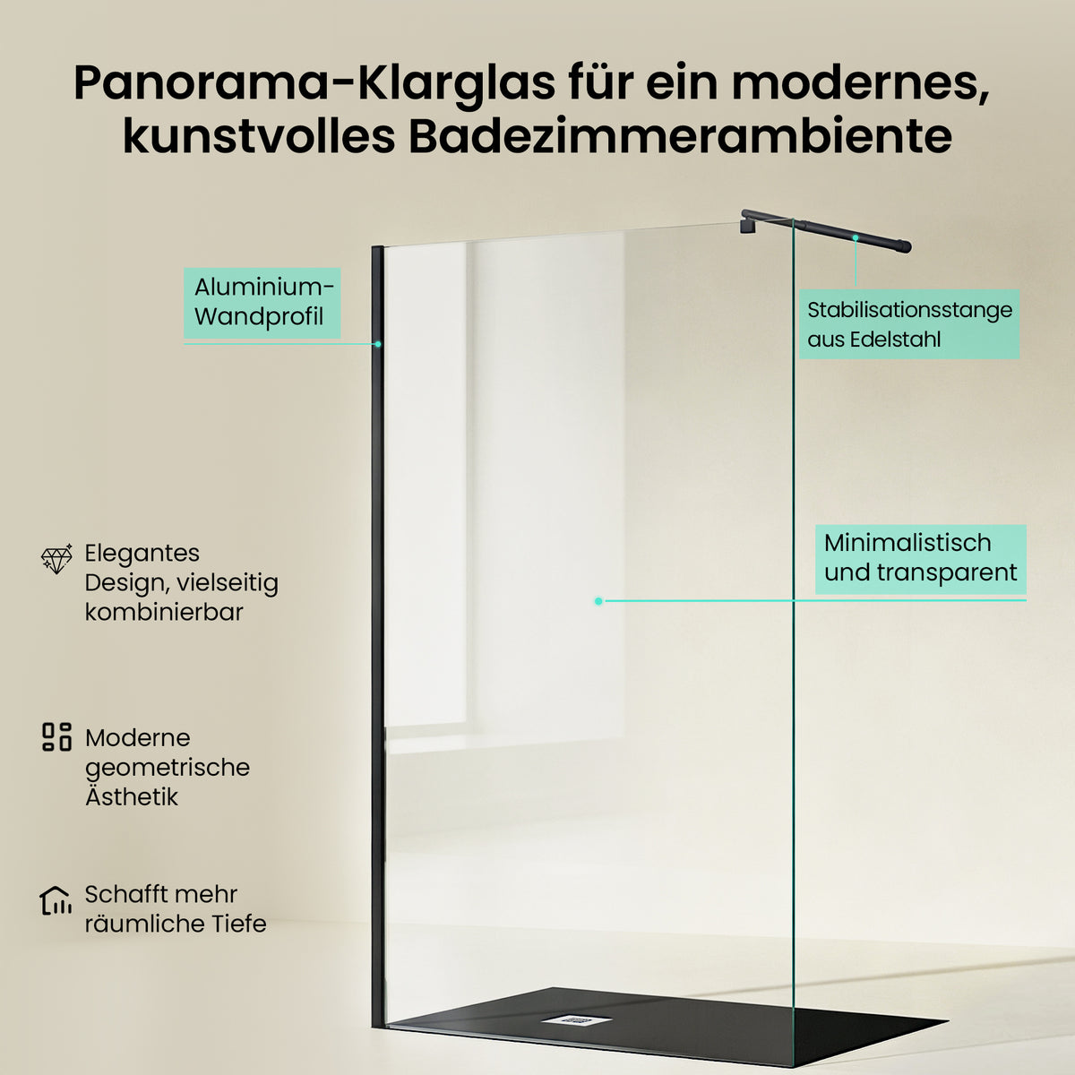 glasvilla Duschwand für Dusche Duschabtrennung Walk-In Dusche Duschtrennwand Schwarz 10mm ESG-Sicherheitsglas NANO Klarglas BRAM1/BRAM3 Bremen02K