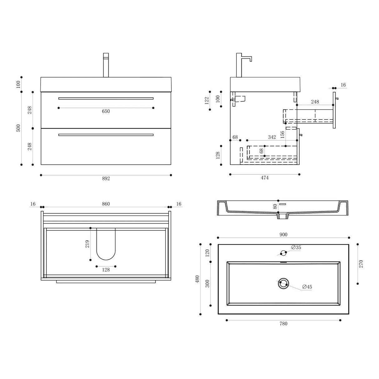 glasvilla Badmöbel-Set Waschbeckenunterschrank Waschtisch mit Unterschrank inkl. Mineralguss-Waschbecken in Anthrazit Quadratto