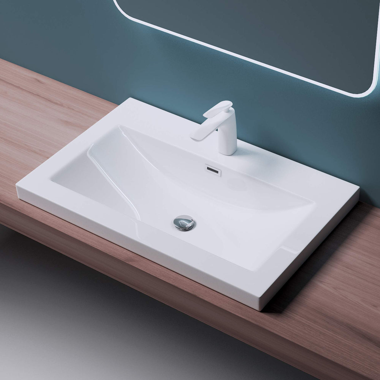 glasvilla Waschbecken Einbauwaschbecken Waschschale Waschtisch Mineralguss Rechteckig 1 Armaturenloch Überlauf-Funktion Col01