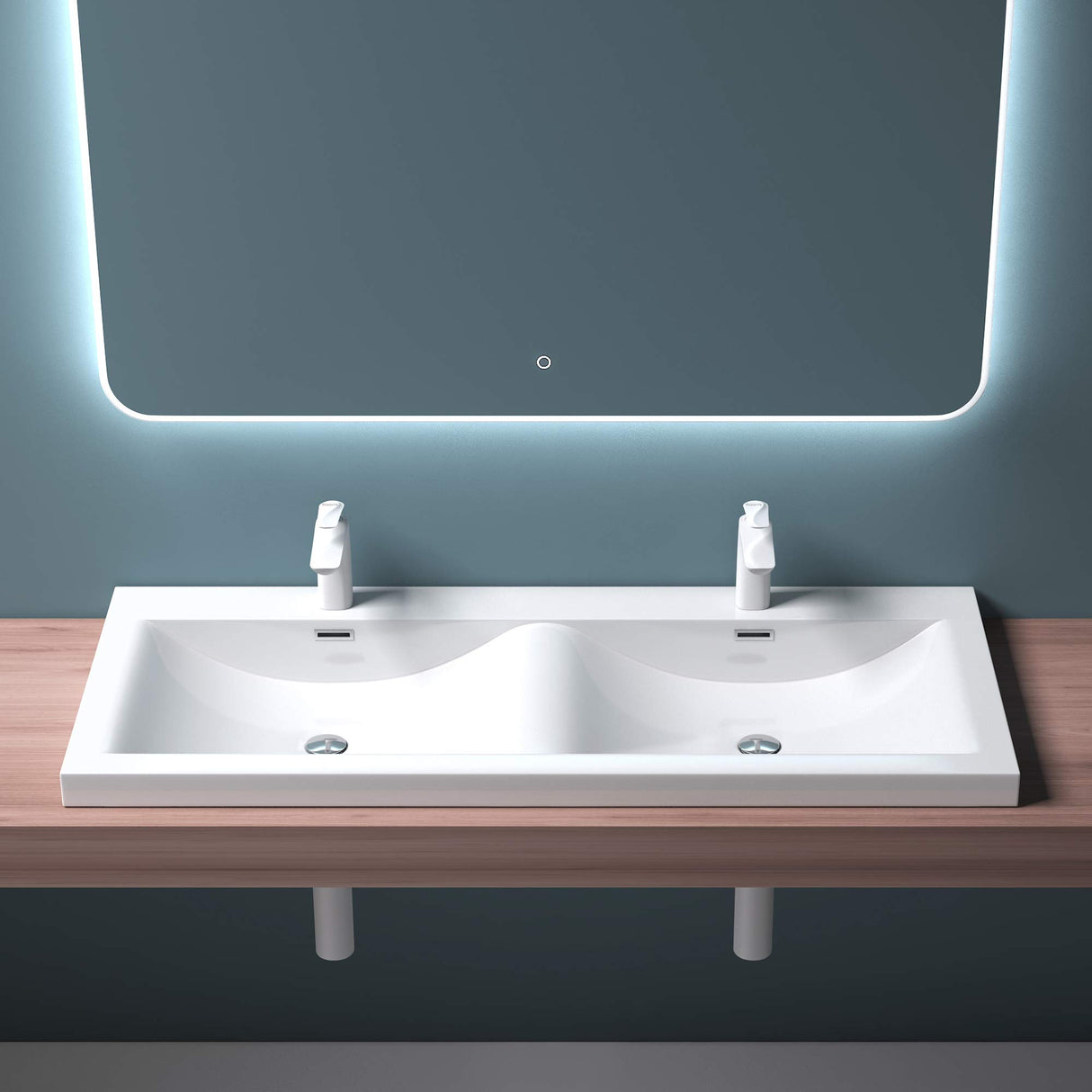 glasvilla Waschbecken Einbauwaschbecken Waschtisch 2 Becken Mineralguss rechteckig 2 Armaturenlöcher Überlauffunktion Col03