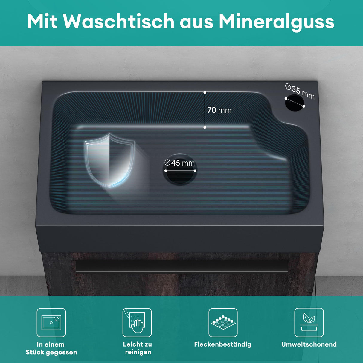 conjunto de muebles de baño glasvilla mueble bajo lavabo incluido lavabo antracita mate y espejo de baño LED BxTxH 46x26x63 cm Pisa