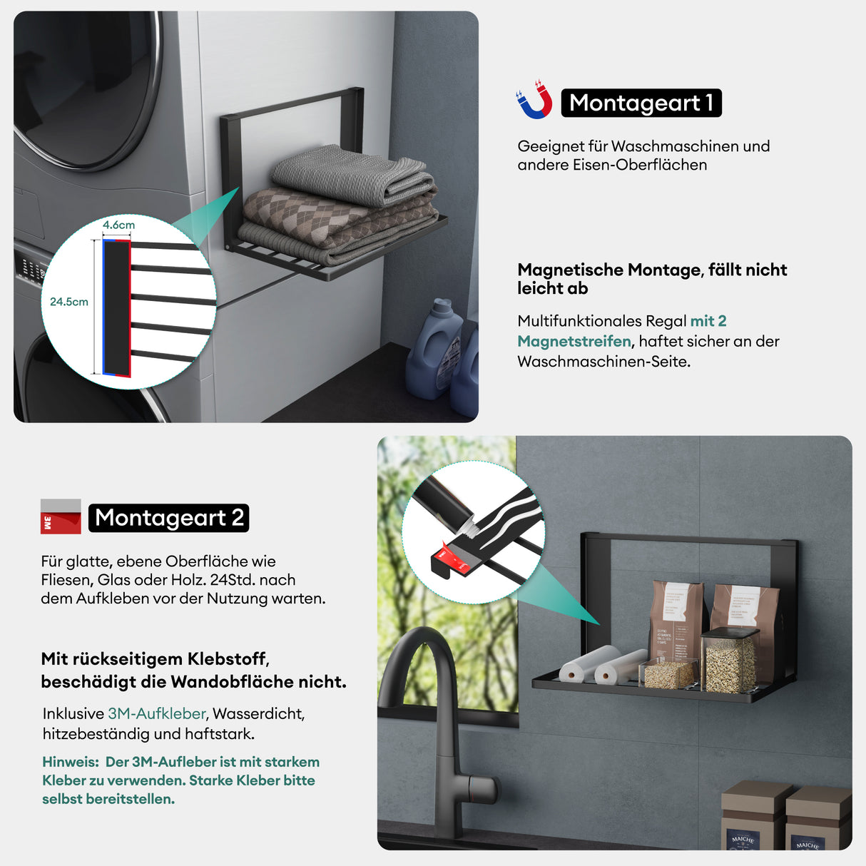 glasvolla Mensola Pieghevole per Lavatrice 41x25cm, Mensola Magnetica Lavatrice in Acciaio al Carbonio, Mensola da Parete Multifunzionale per Bagno e Cucina Folda-01