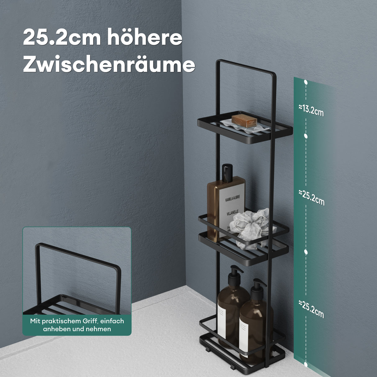 glasvilla Scaffale da Bagno di 3 Livelli 18x12.5x67.3cm, Scaffale Portaoggetti in Metallo Robusto con 4 Piedini Antiscivolo per Doccia, Reglo-02