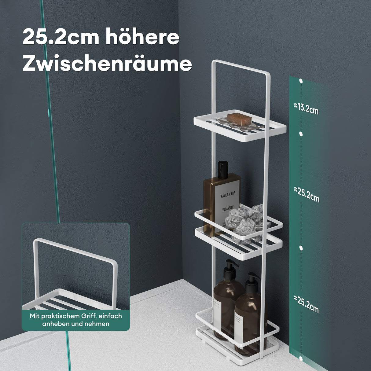 glasvilla Scaffale da Bagno di 3 Livelli 18x12.5x67.3cm, Scaffale Portaoggetti in Metallo Robusto con 4 Piedini Antiscivolo per Doccia, Reglo-02