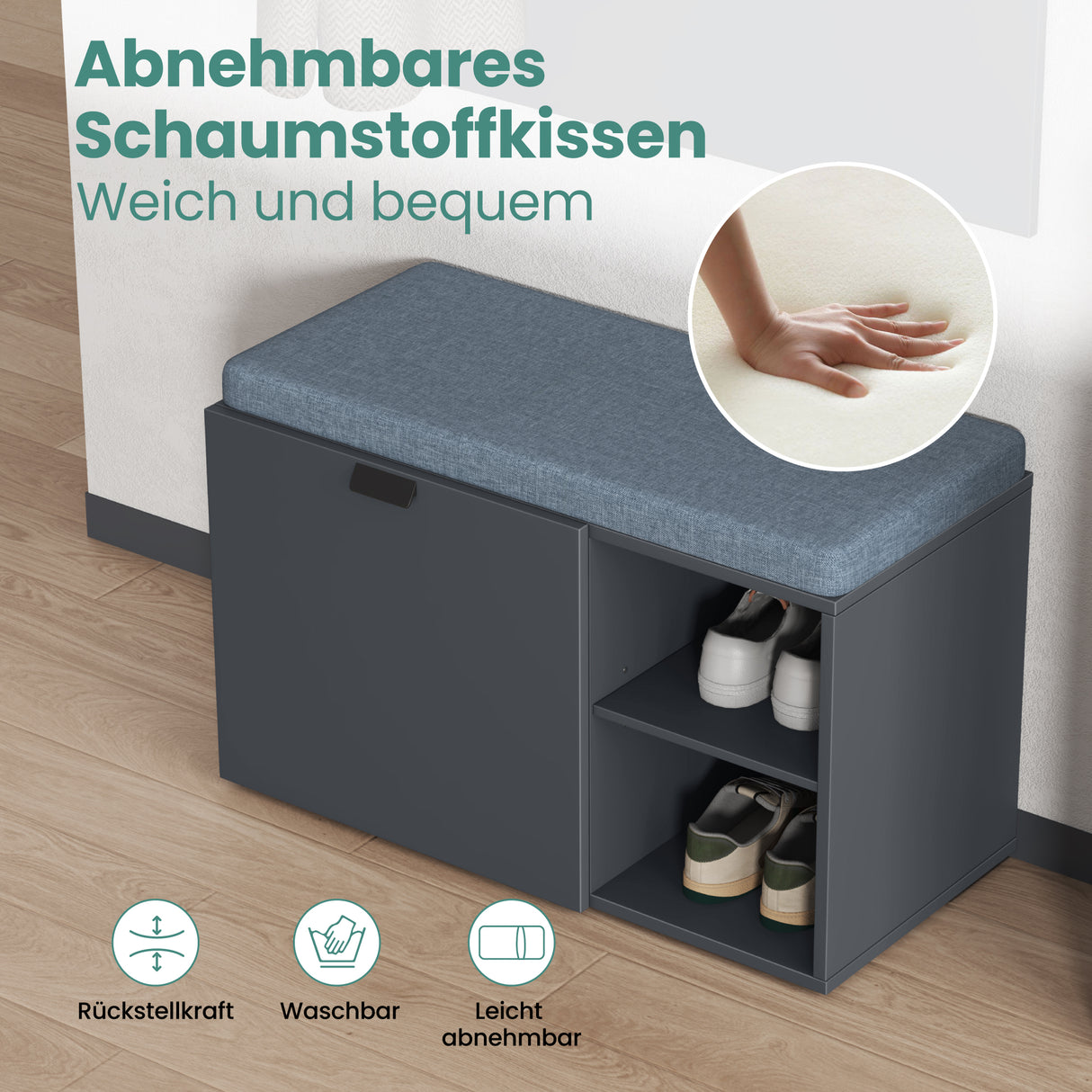 glasvilla Schuhbank mit Sitzfläche, Schuhregal mit Schiebetüren und offenen Fächern, gepolsterter Sitz, verstellbare Ablagen 80x37x50cm Zitta-01