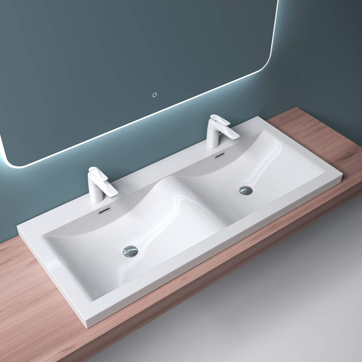 glasvilla Waschbecken Einbauwaschbecken Waschtisch 2 Becken Mineralguss rechteckig 2 Armaturenlöcher Überlauffunktion Col03