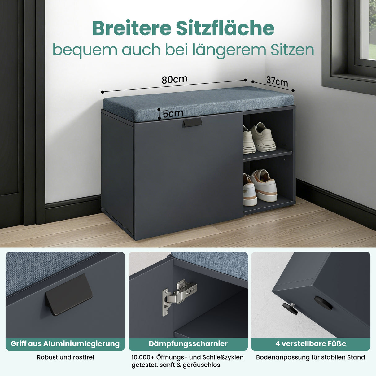 glasvilla Schuhbank mit Sitzfläche, Schuhregal mit Schiebetüren und offenen Fächern, gepolsterter Sitz, verstellbare Ablagen 80x37x50cm Zitta-01