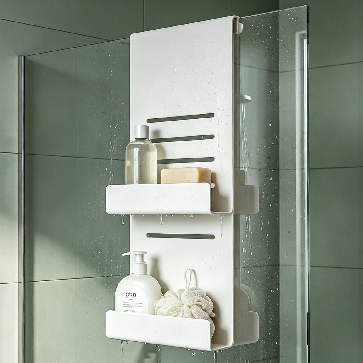 glasvilla Duschablage zum Hängen, Duschregal Ohne Bohren für Glasduschtüren, Hängeregal mit 2 Etagen und 3 Haken, Badezimmer Organizer Oryne-01