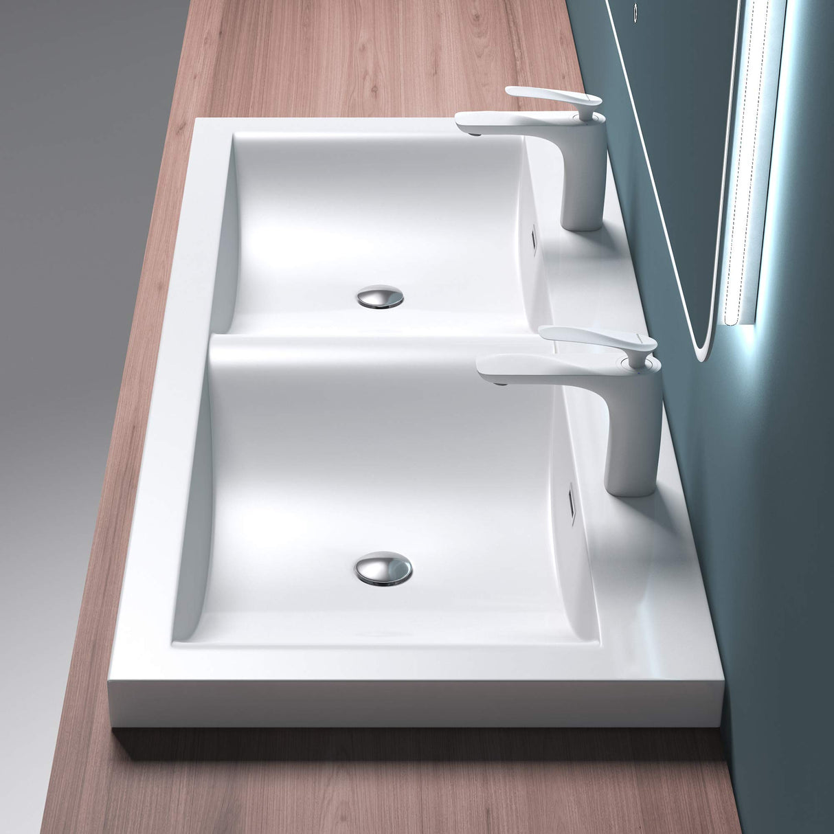 glasvilla Waschbecken Einbauwaschbecken Waschtisch 2 Becken Mineralguss rechteckig 2 Armaturenlöcher Überlauffunktion Col03