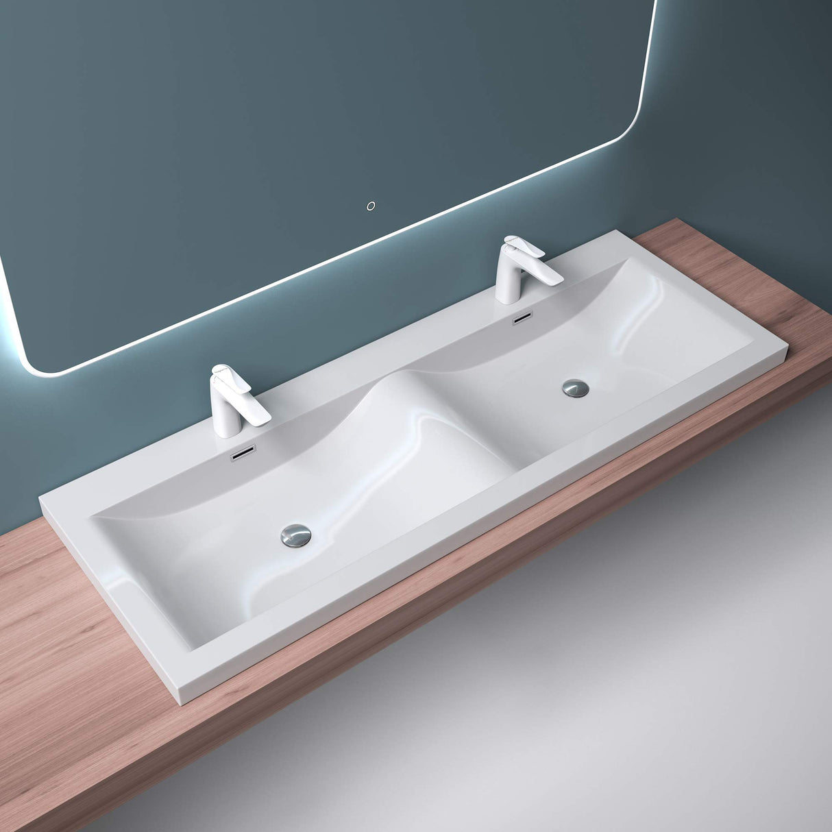 glasvilla Waschbecken Einbauwaschbecken Waschtisch 2 Becken Mineralguss rechteckig 2 Armaturenlöcher Überlauffunktion Col03