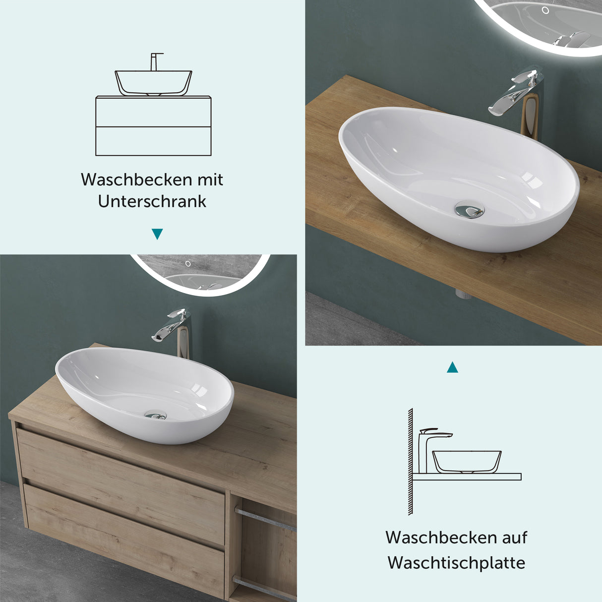 glasvilla Waschbecken oval Aufsatzwaschbecken ohne Hahnloch und Überlauf Col809