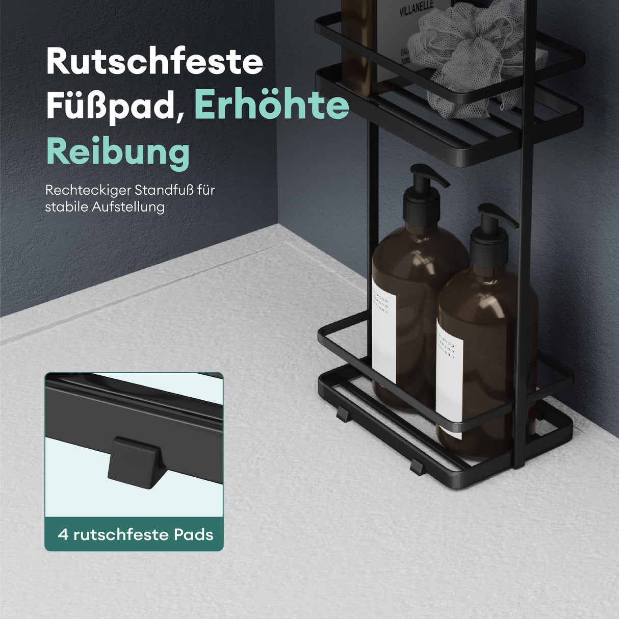 glasvilla Scaffale da Bagno di 3 Livelli 18x12.5x67.3cm, Scaffale Portaoggetti in Metallo Robusto con 4 Piedini Antiscivolo per Doccia, Reglo-02