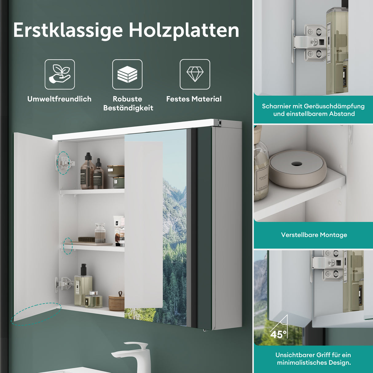 glasvilla Spiegelschrank Bad mit LED Beleuchtung Badezimmerschrank Hängeschrank Badezimmerspiegel Spiegelschrank-03