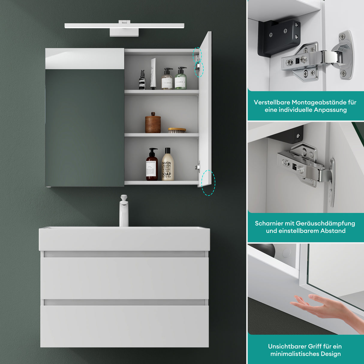 glasvilla Spiegelschrank mit Spiegellampe Badezimmerschrank Spiegelleuchte 180° Drehbar LED Badlampe Strahlenschön