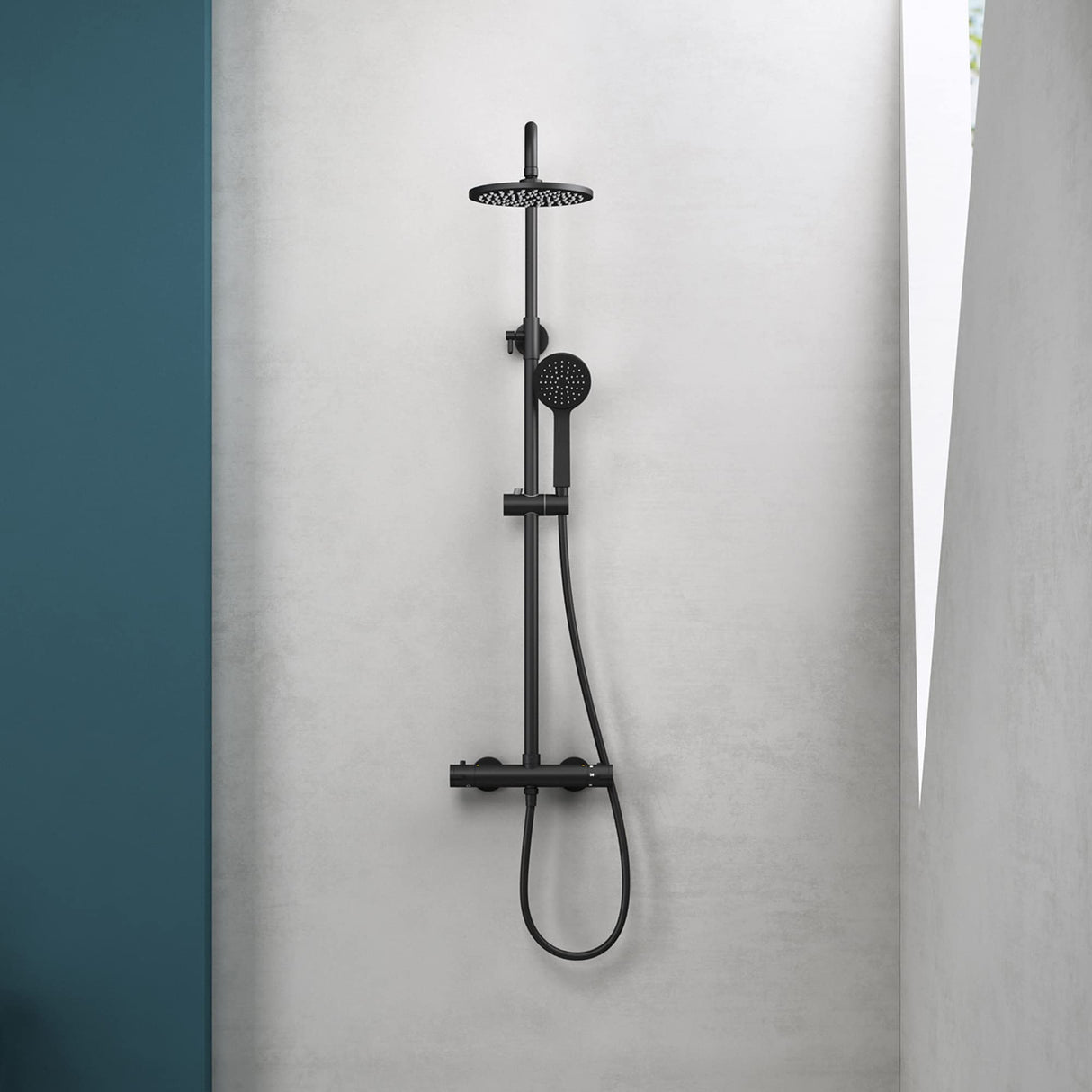 glasvilla Ducha de lluvia ahorradora de agua Sistema de ducha de bienestar negro mate con cabezal de ducha redondo (Ø 20cm) Juego de ducha con ducha de mano y mezclador monomando en óptica atemporal