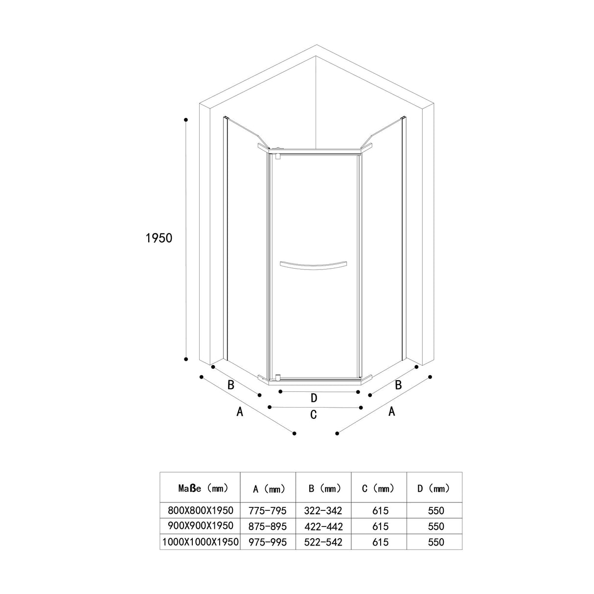 cabina de ducha en forma de pentágono glasvilla con plato de ducha, mampara de ducha de vidrio templado, instalación a ras de suelo posible, 8mm ESG, ducha Ravenna08
