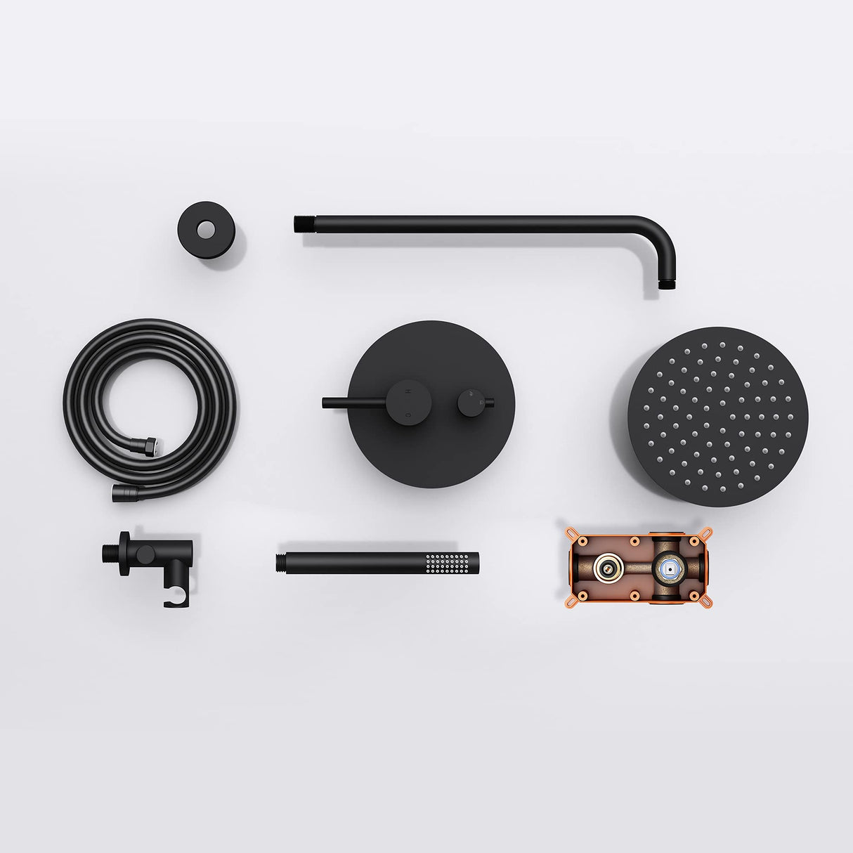 glasvilla Ducha de lluvia ahorradora de agua Sistema de ducha de bienestar negro mate con cabezal de ducha redondo (Ø 19cm) Juego de ducha con ducha de mano y mezclador monomando en diseño atemporal