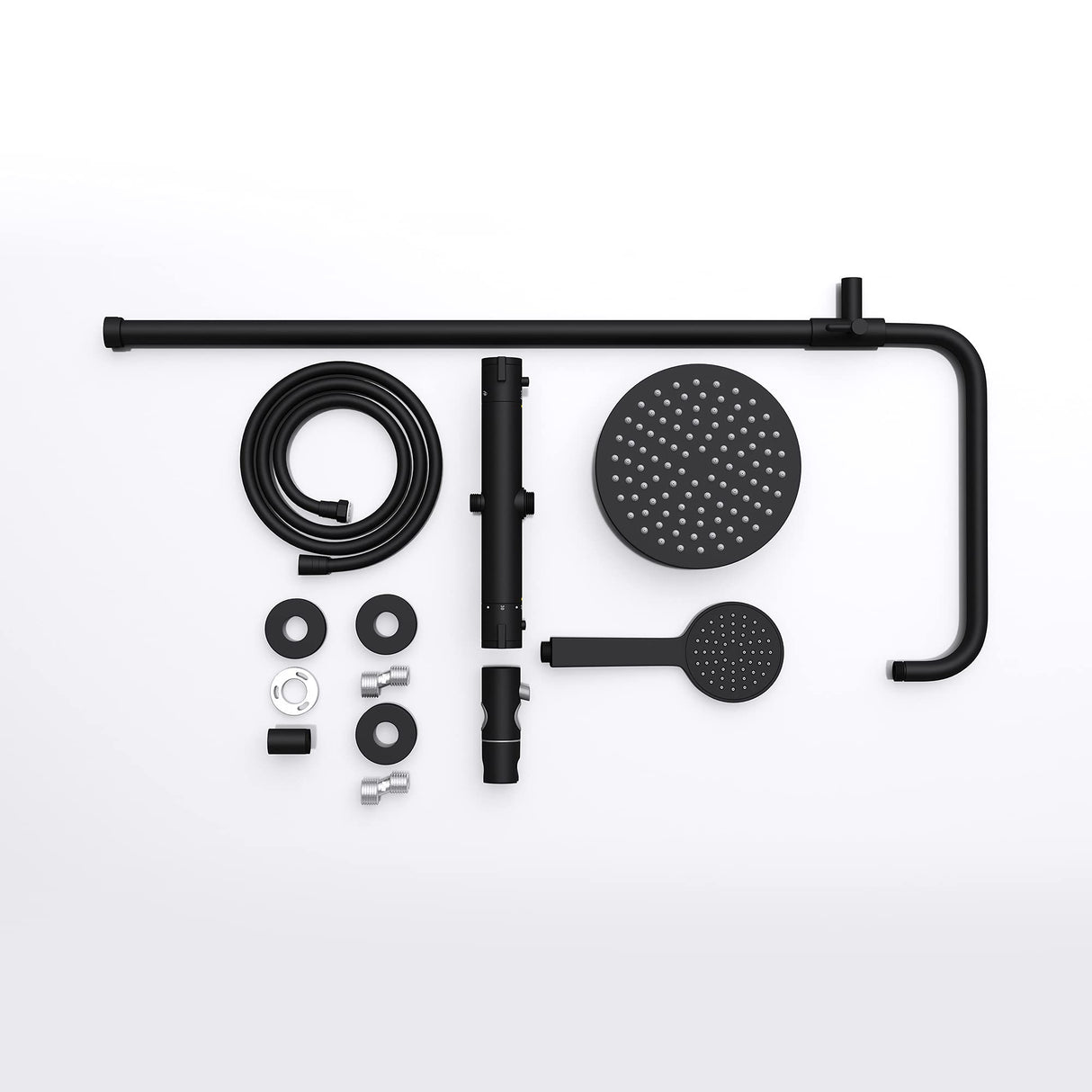 glasvilla Ducha de lluvia ahorradora de agua Sistema de ducha de bienestar negro mate con cabezal de ducha redondo (Ø 20cm) Juego de ducha con ducha de mano y mezclador monomando en óptica atemporal