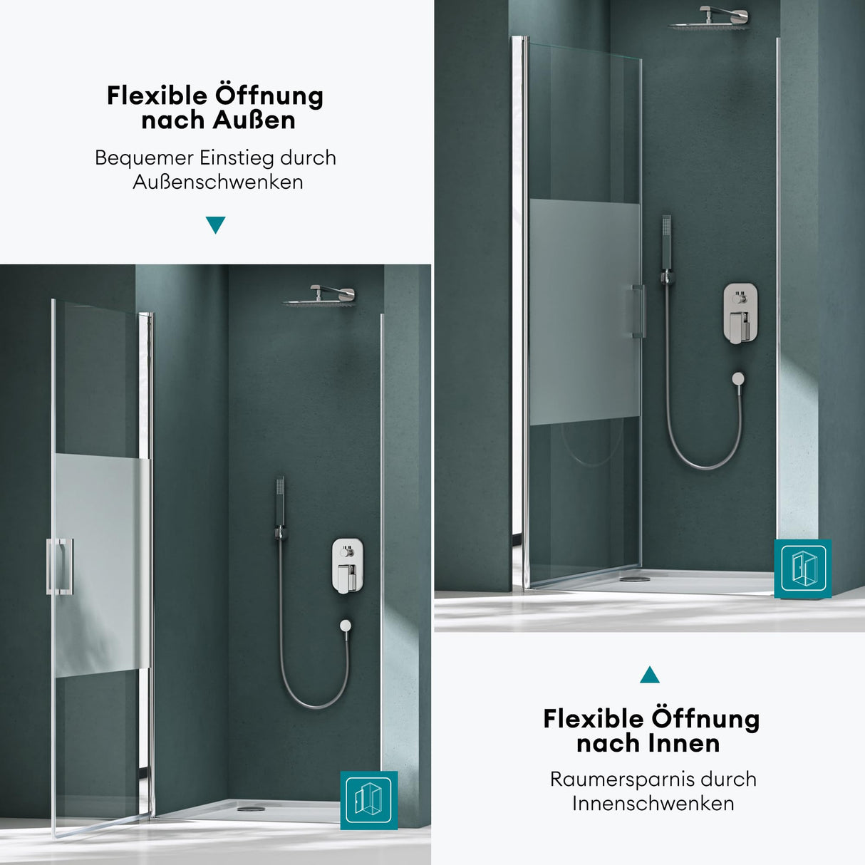 glasvilla Puerta de ducha Puerta de nicho Ducha Separación de ducha Cabina de ducha Puerta oscilante 180° vidrio de seguridad ESG con mecanismo de elevación y descenso vidrio claro y satinado rayas Teramo24K+MS D Nuevo